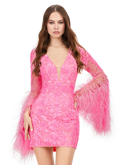 Ashley Lauren 4603 Short Beaded Sequin Long Feather Bell Sleeve Formal Dress Cocktail Gown Pageant 10 / Red Ashley Lauren 4603 Short Beaded Sequin Long Feather Bell Sleeve Formal Dress Cocktail Gown Pageant 10 / Red