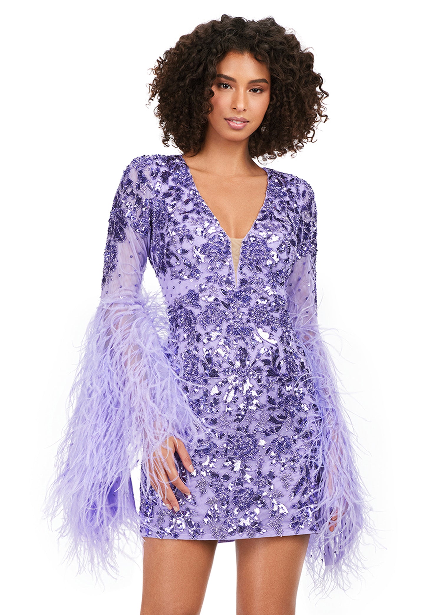 Ashley Lauren 4603 Short Beaded Sequin Long Feather Bell Sleeve Formal Dress Cocktail Gown Pageant 10 / Red Ashley Lauren 4603 Short Beaded Sequin Long Feather Bell Sleeve Formal Dress Cocktail Gown Pageant 10 / Red