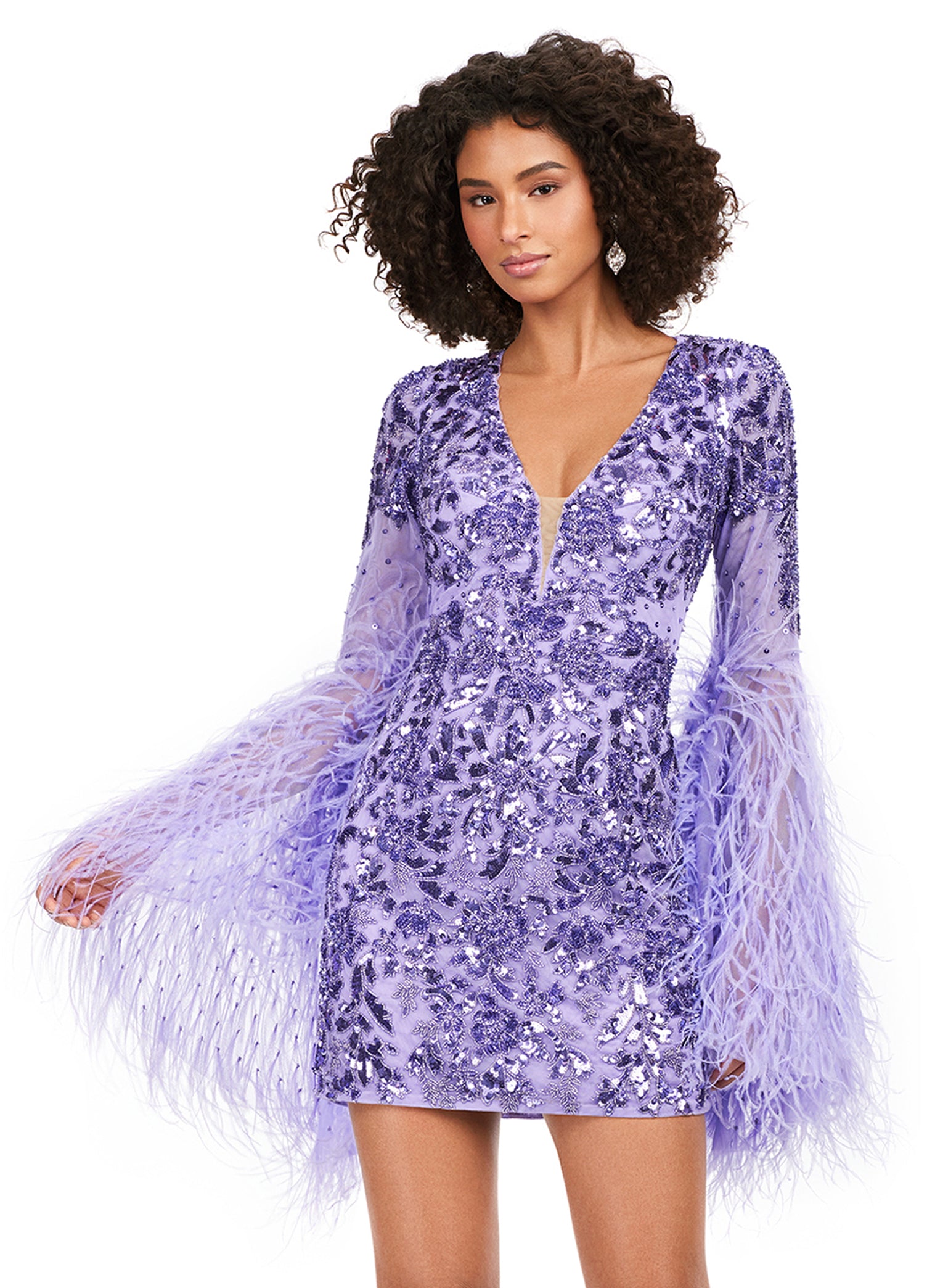Ashley Lauren 4603 Short Beaded Sequin Long Feather Bell Sleeve Formal Dress Cocktail Gown Pageant 10 / Red