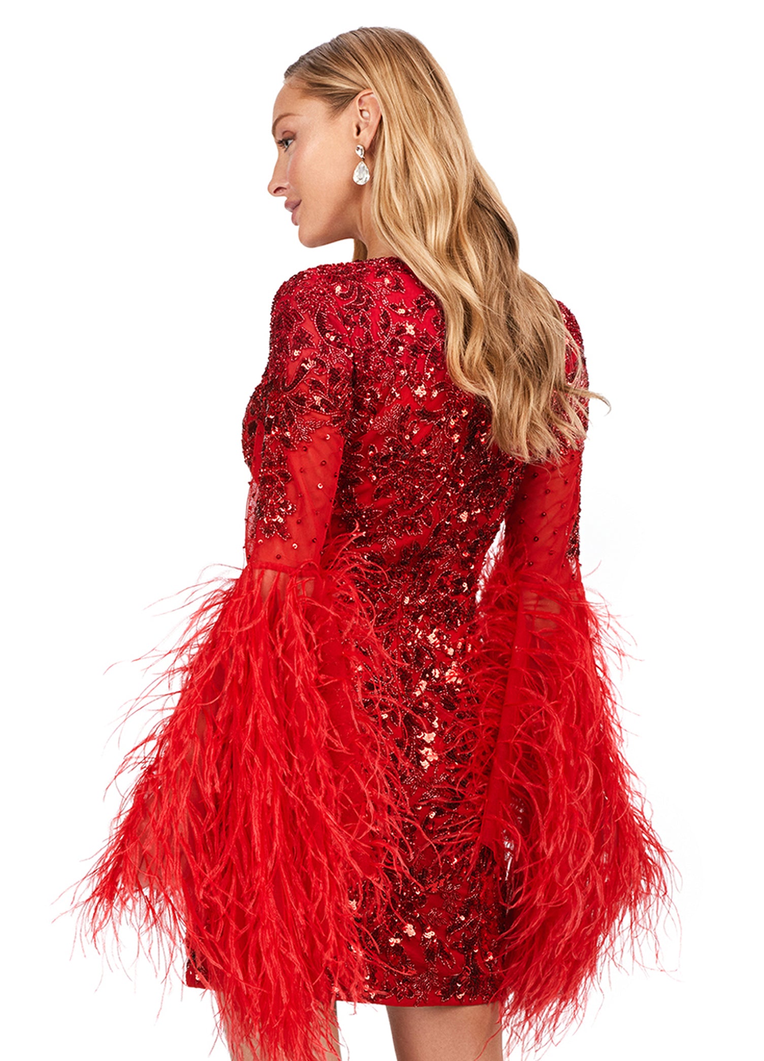 Ashley Lauren 4603 Fully Beaded Bell Sleeve With Feathers V-Neck Cocktail Homecoming Dress. Make a statement in this fully beaded cocktail dress with feather adorned flare sleeves! The look is complete with a V-neckline, full back and fitted skirt.