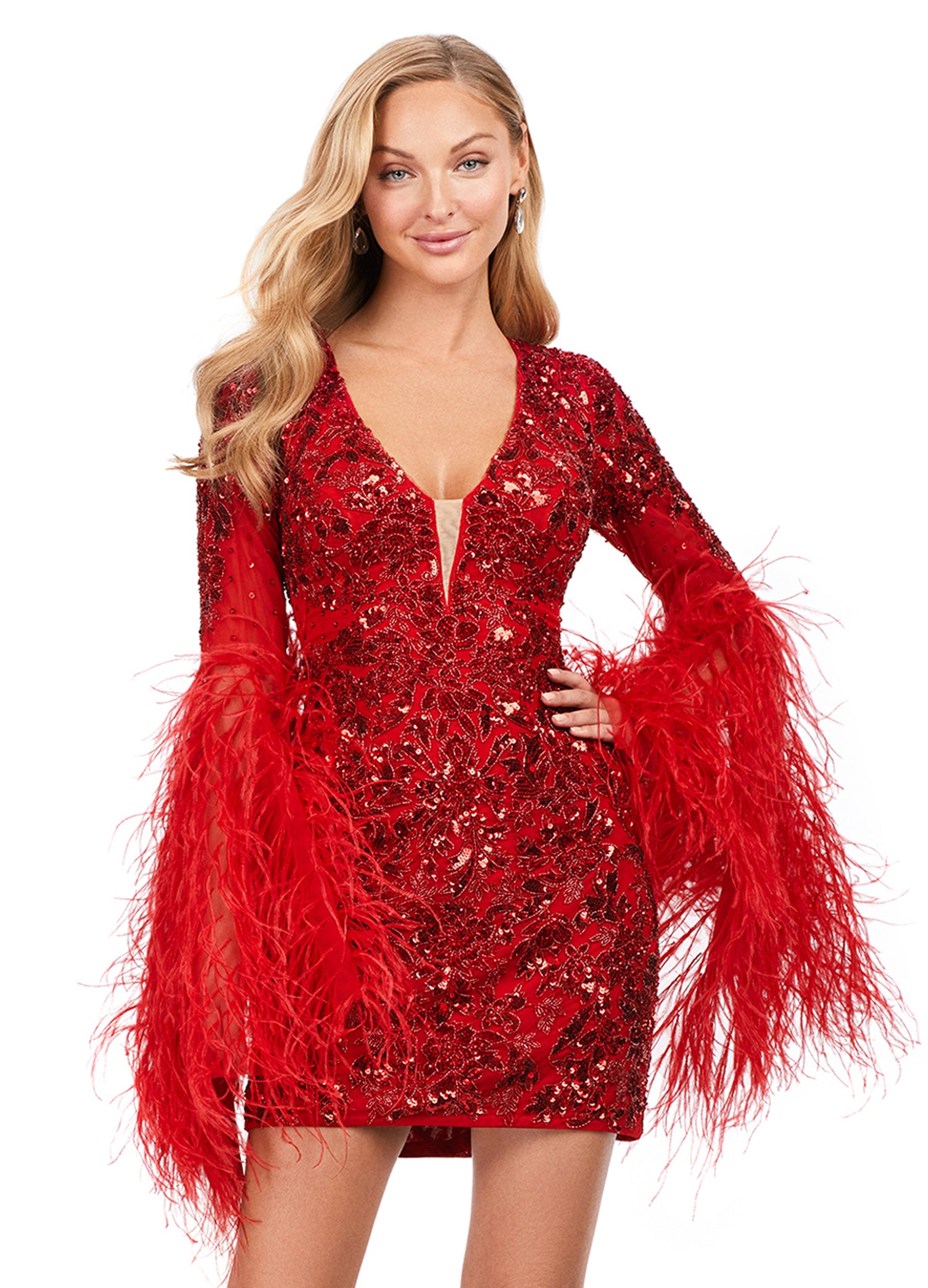 Ashley Lauren 4603 Short Beaded Sequin Long Feather Bell Sleeve Formal Dress Cocktail Gown Pageant 10 / Red Ashley Lauren 4603 Short Beaded Sequin Long Feather Bell Sleeve Formal Dress Cocktail Gown Pageant 10 / Red