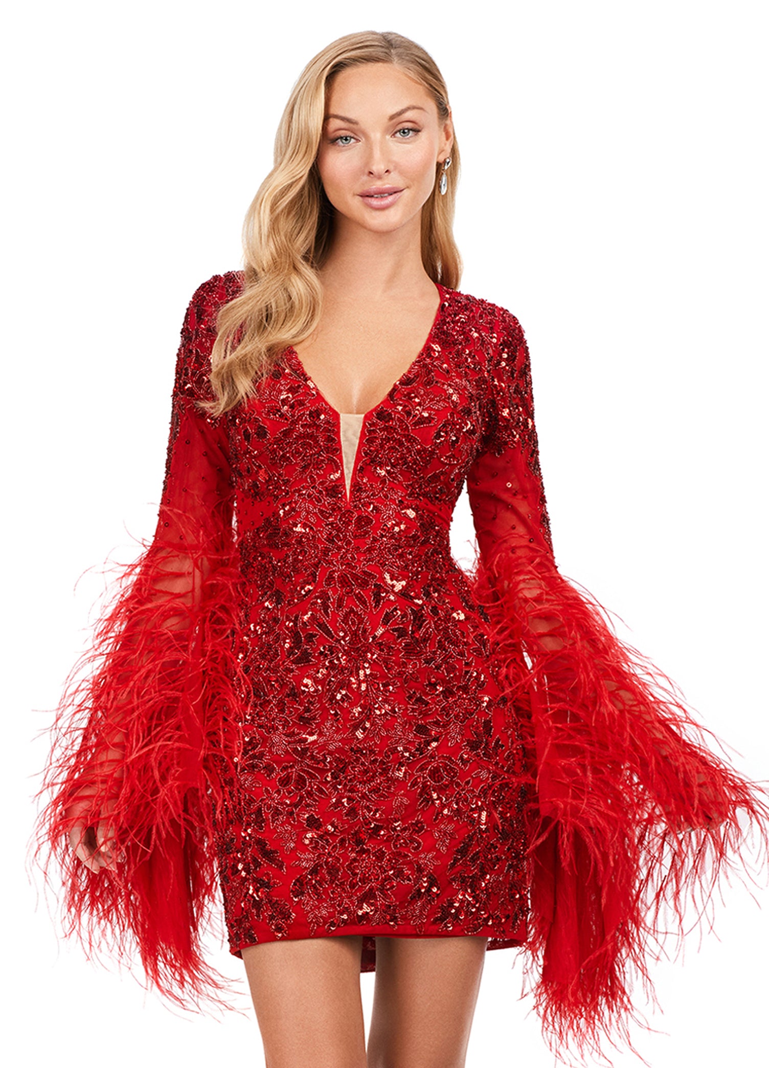 Ashley Lauren 4603 Fully Beaded Bell Sleeve With Feathers V-Neck Cocktail Homecoming Dress. Make a statement in this fully beaded cocktail dress with feather adorned flare sleeves! The look is complete with a V-neckline, full back and fitted skirt.