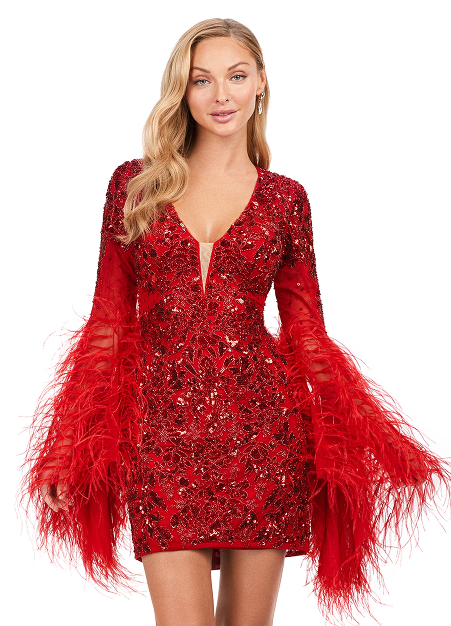 Ashley Lauren 4603 Fully Beaded Bell Sleeve with Feathers V-Neck Cocktail Homecoming Dress 18 / Red Ashley Lauren 4603 Fully Beaded Bell Sleeve with Feathers V-Neck Cocktail Homecoming Dress 18 / Red
