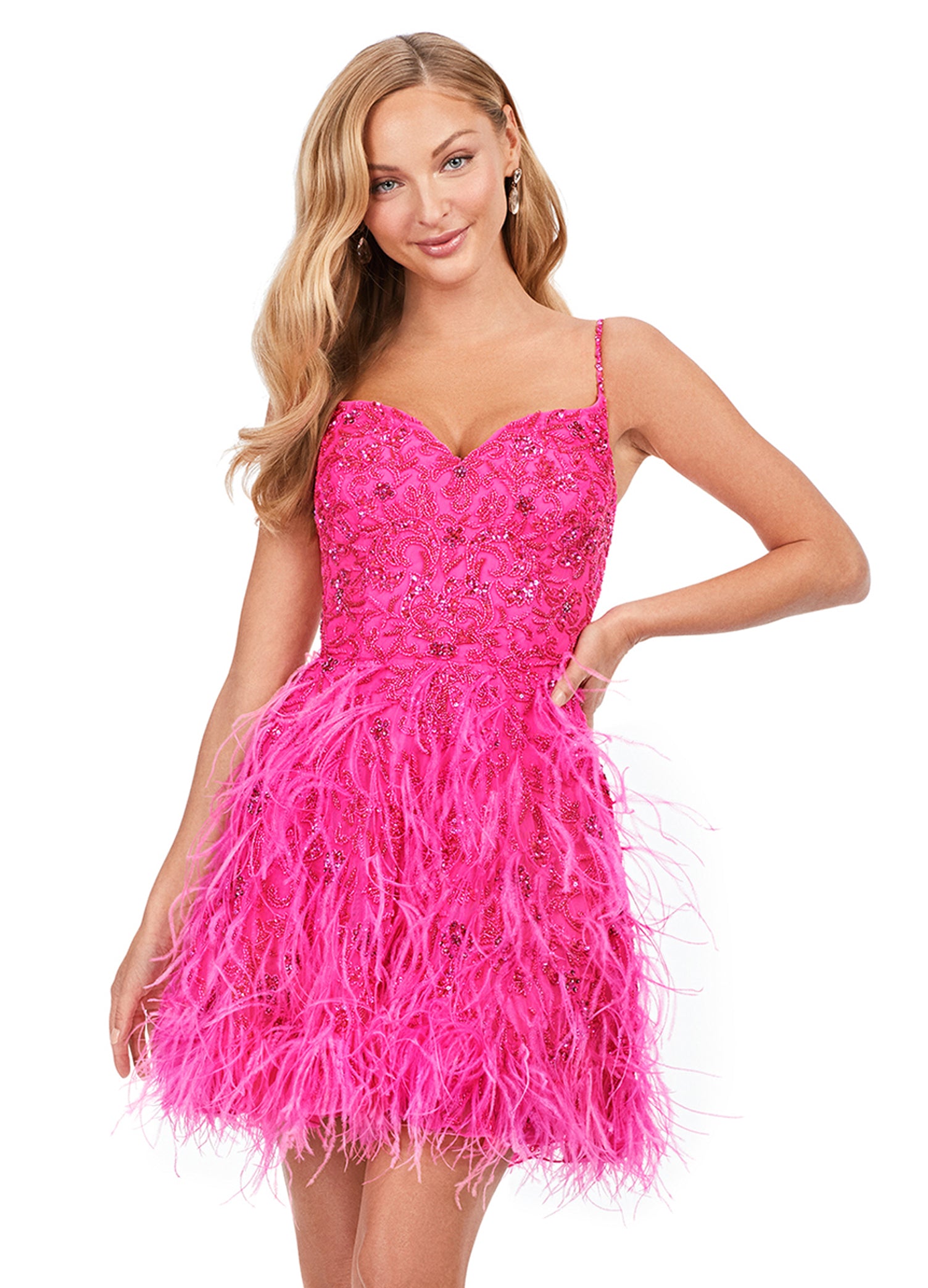 Ashley Lauren 4604 Short A Line Beaded Feather Formal Cocktail Dress Sequin Pageant Wear Turn heads in this fabulous cocktail dress which features beading throughout and pops of feathers on the skirt. The perfect gown for some fun on the dance floor or stage! Sweetheart Neckline Spaghetti Straps A-Line Skirt Feather Details Sizes: 00-16 Colors: Lilac, Neon Pink, Ivory, Sky