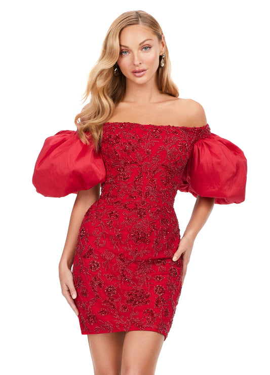 Ashley Lauren 4609 Off The Shoulder Puff Sleeve Beaded Fitted Cocktail Homecoming Dress. This off the shoulder gown is complete with puff sleeves. With beautiful beading throughout, this dress is perfect for any occasion!