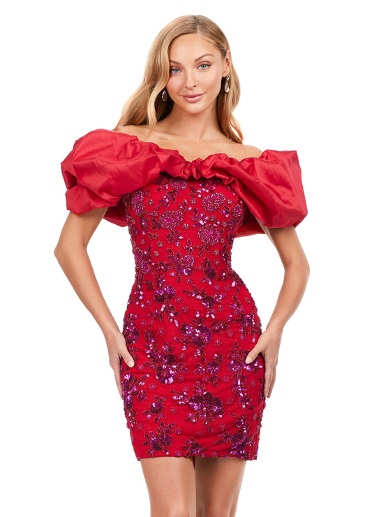 Ashley Laruen 4613 Oversized Ruffle Off The Shoulder Beaded Fitted Sequin Design Cocktail Homecoming Dress. Have a blast in this fun cocktail dress that features a sequin pattern throughout and off shoulder oversized ruffle detail!