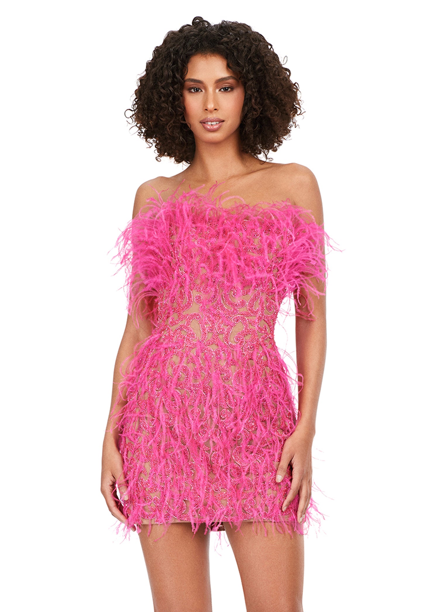 Ashley Lauren 4615 Fully Beaded Strapless Sheer Embellished Bodice Feather Detailing Cocktail Homecoming Dress. Feel like a queen in this fully beaded, strapless cocktail dress. With light feathers throughout, this dress will make a statement at any event!