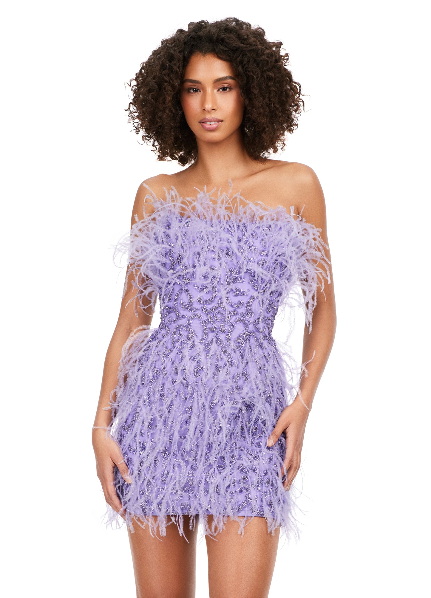 Ashley Lauren 4615 Fully Beaded Strapless Sheer Embellished Bodice Feather Detailing Cocktail Homecoming Dress. Feel like a queen in this fully beaded, strapless cocktail dress. With light feathers throughout, this dress will make a statement at any event!