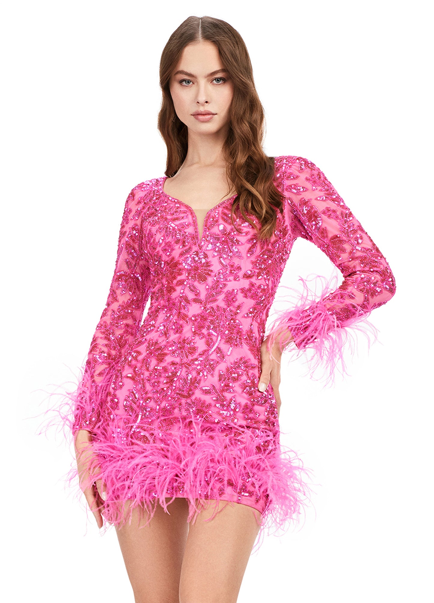 Ashley Lauren 4616 Long Sleeve Feather Detail Sequin V-Neck Open Back Cocktail Homecoming Dress. Feel luxurious in this fully sequin, open back cocktail dress. We added the perfect amount of drama with feathers along the skirt and sleeves of this dress.