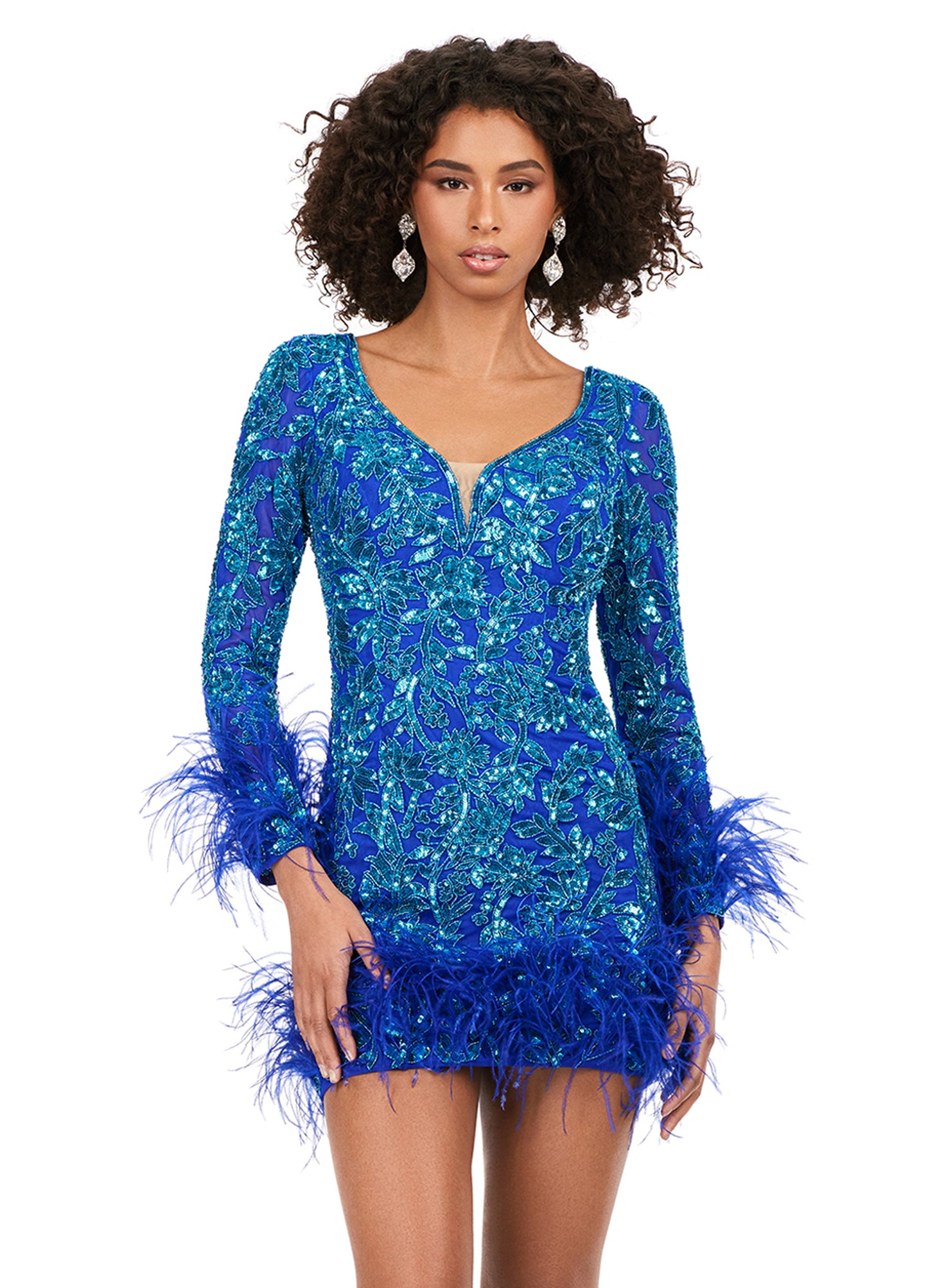 Ashley Lauren 4616 Long Sleeve Feather Detail Sequin V-Neck Open Back Cocktail Homecoming Dress. Feel luxurious in this fully sequin, open back cocktail dress. We added the perfect amount of drama with feathers along the skirt and sleeves of this dress.