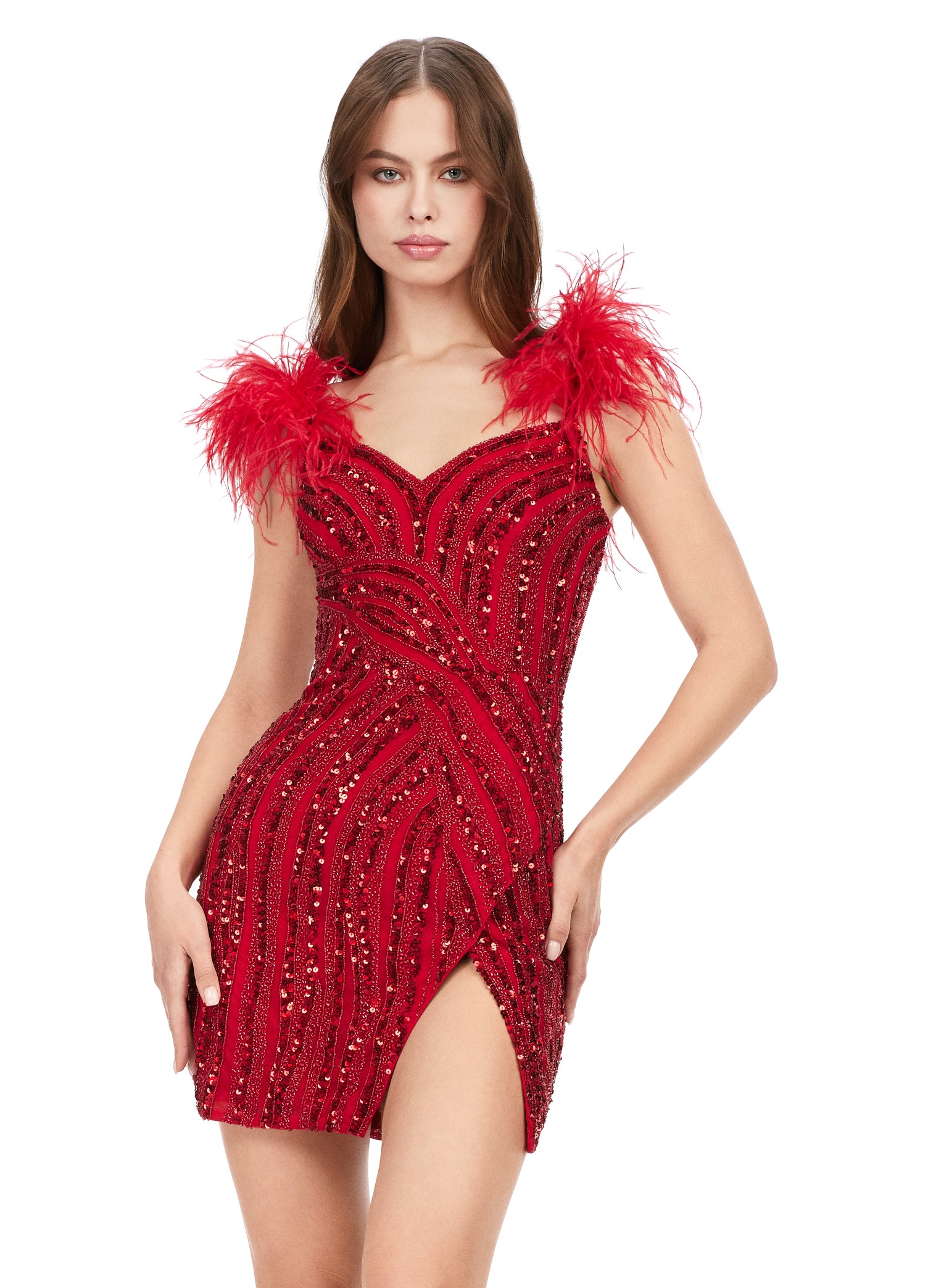 Ashley Lauren 4626 Beaded Spaghetti Strap With Feather Design Fitted Cocktail Homecoming Dress. Look amazing in the Ashley Lauren 4626 dress. This fitted cocktail homecoming dress features beautiful beaded details, spaghetti straps, and a unique feather design for an unforgettable look. Wear it and be the envy of the party.