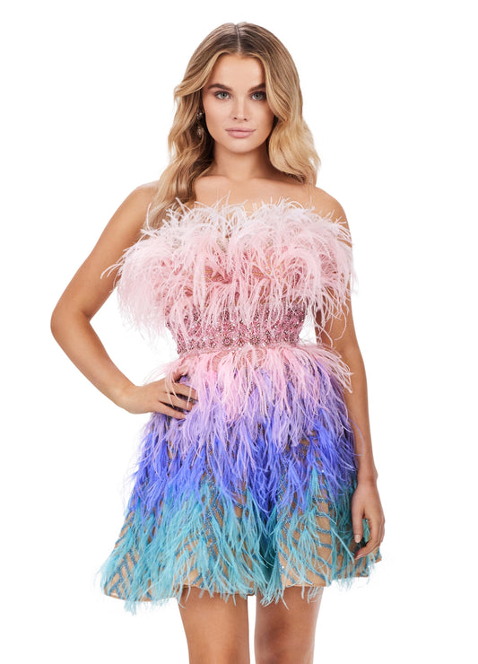 This Ashley Lauren 4670 cocktail dress oozes classic Hollywood glamour with its strapless, fitted silhouette, ombre sequin beading, and delicate feather detail. Perfect for a formal or special occasion, this striking ensemble speaks of sophistication and grace. An ombre dream! This fully beaded ombre feather cocktail dress features a gorgeous waistband and an A-line skirt.