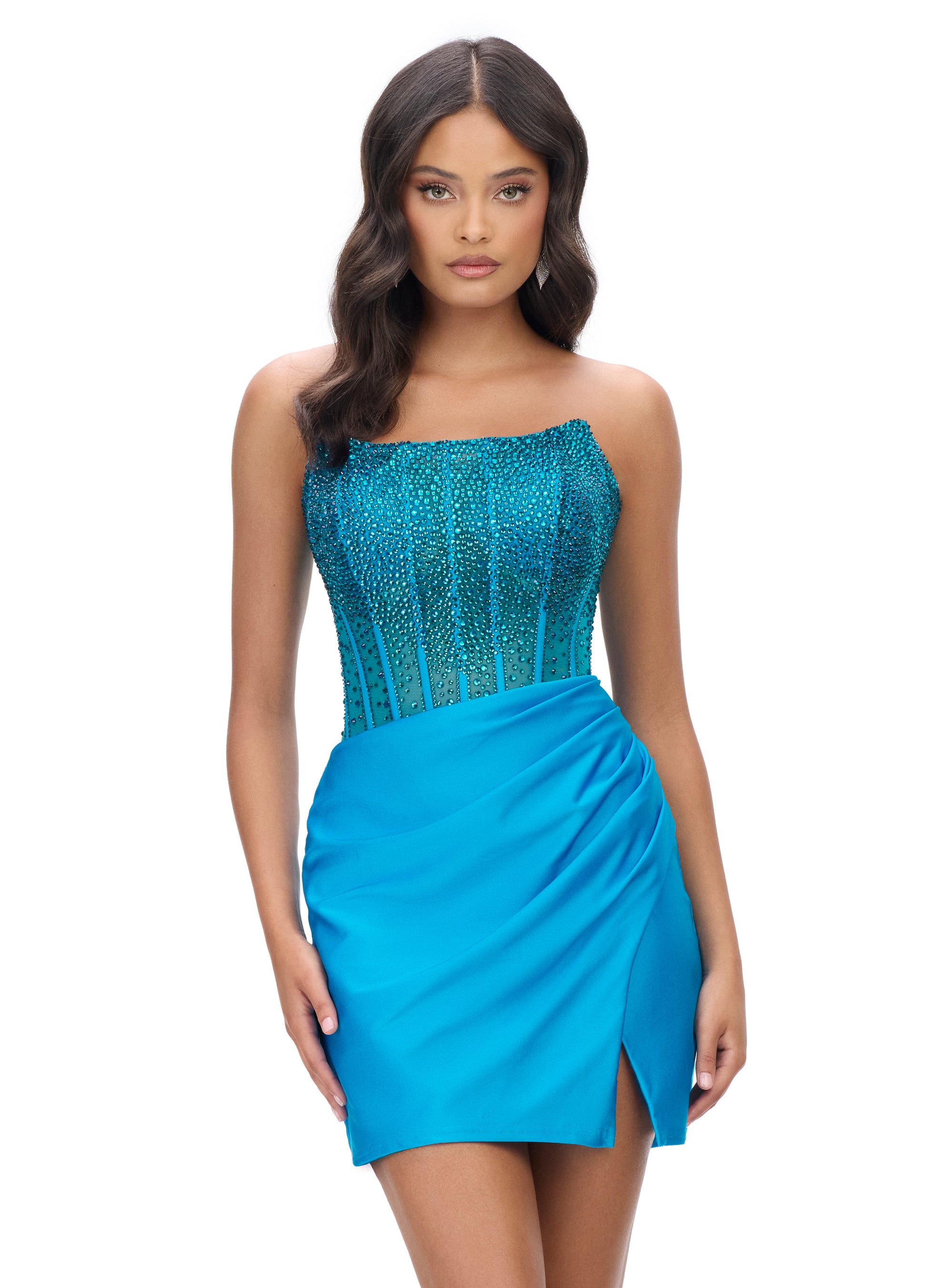 Ashley Lauren 4686 Short Sheer Crystal Homecoming Dress Formal Scoop Neck Cocktail Gown 16 / Emerald Ashley Lauren 4686 Short Sheer Crystal Homecoming Dress Formal Scoop Neck Cocktail Gown 16 / Emerald