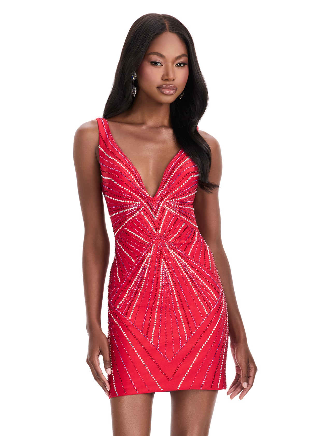 Ashley Lauren 4723 V Neckline Cocktail Dress Press Stone Design Stretch