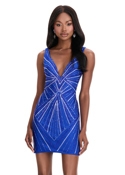 Ashley Lauren 4723 V Neckline Cocktail Dress Press Stone Design Stretch