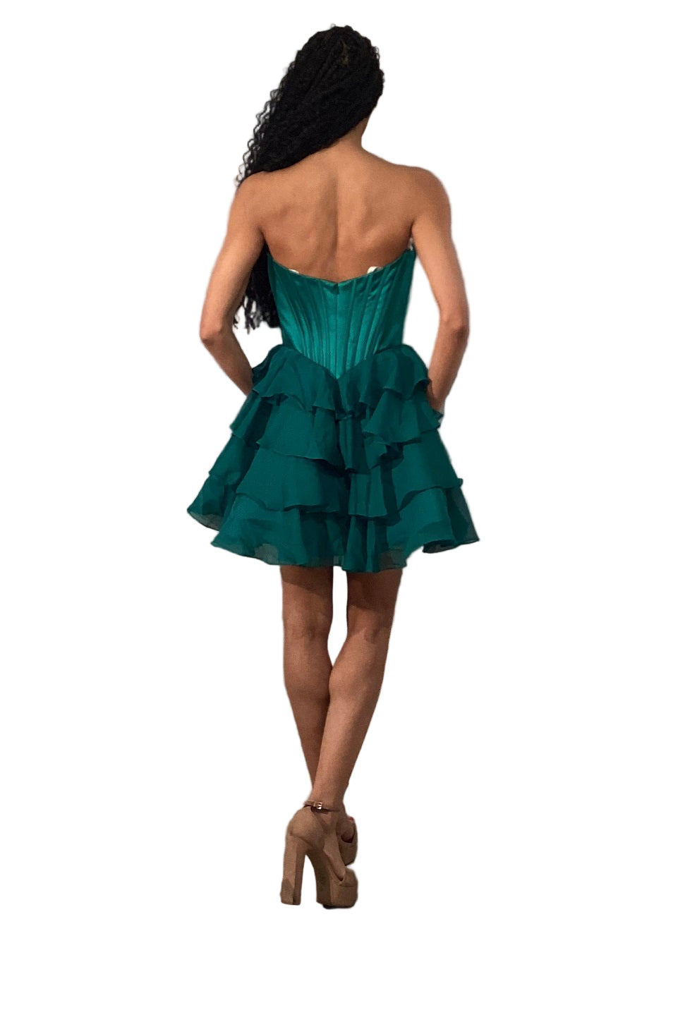The Jovani 47763 combines elegance and youthful flair in a short cocktail dress designed for standout occasions like homecoming. Featuring a delicate lace-adorned cowl neckline and a structured corset bodice, it offers a flattering silhouette that enhances your figure. The ruffle flared skirt adds movement and a playful touch, balancing sophistication with charm. Ideal for events requiring both style and comfort, this dress ensures you make a memorable impression with expert craftsmanship and detail.

Sizes