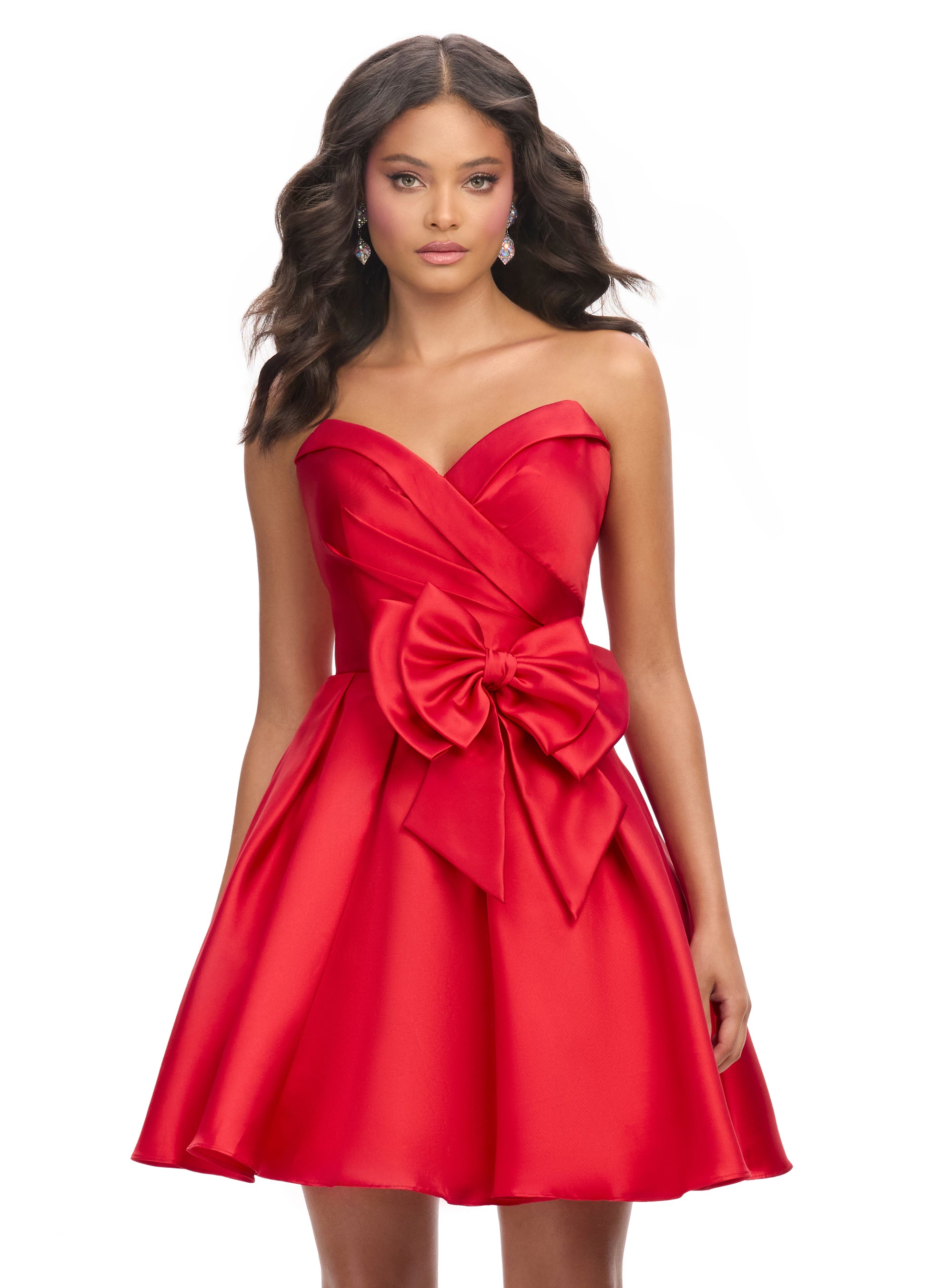 Ashley Lauren 4783 Sweetheart Neckline Cocktail Dress Ruched Bodice Mikado A Line Skirt Bow Hip Red / 12