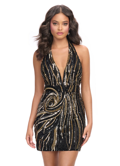 Ashley Lauren 4791 Halter Cocktail Dress Sequins Homecoming Backless Short Formal Gown