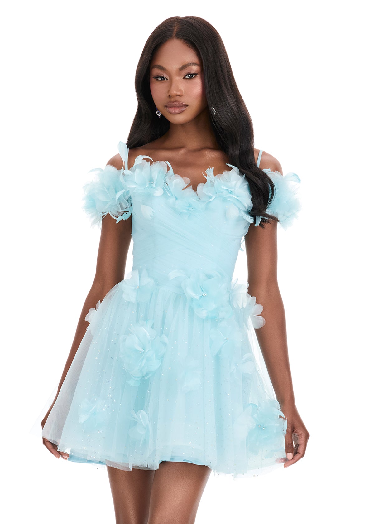 Ashley Lauren 4818 glitter tulle short dress floral appliques flared skirt