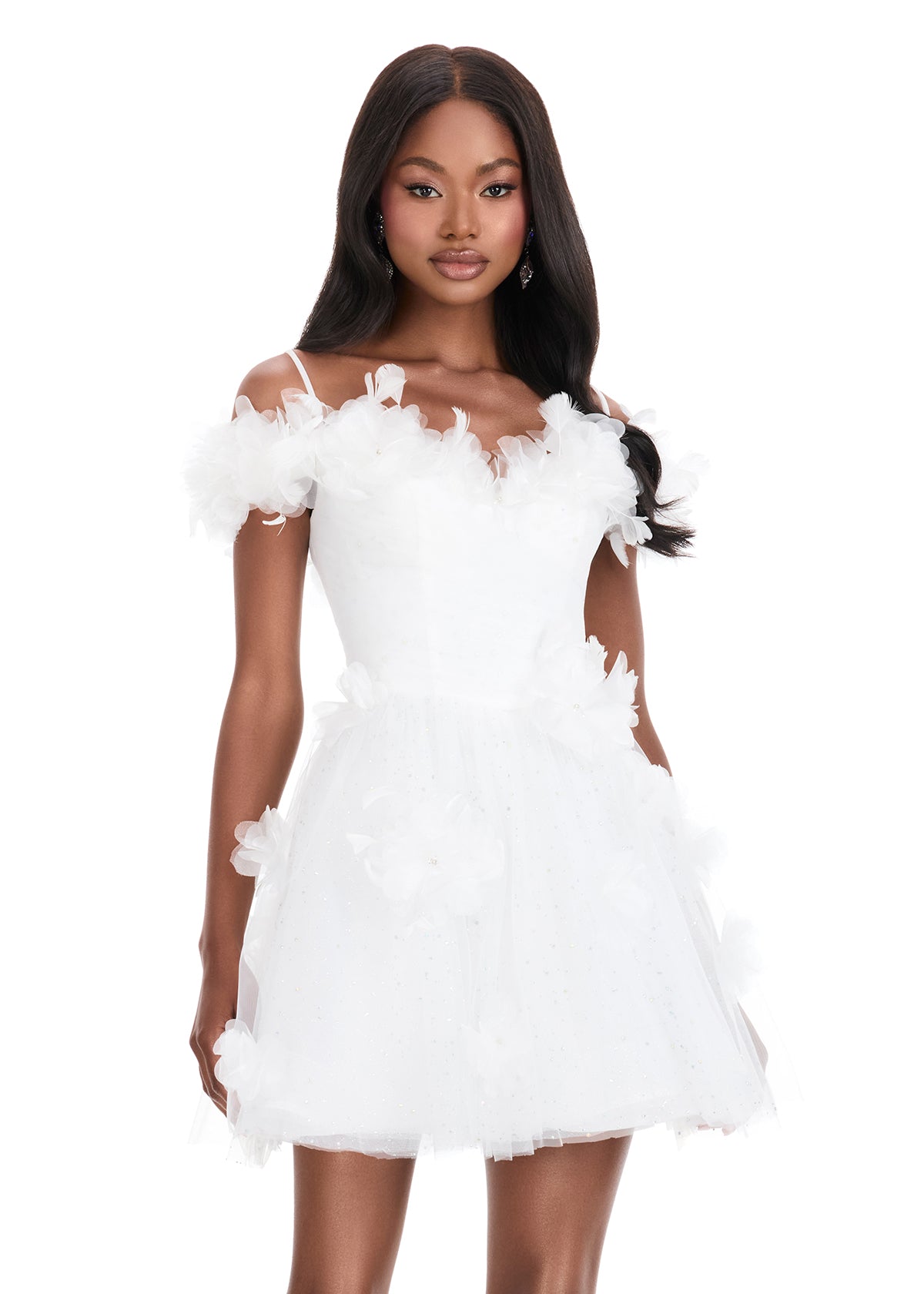 Ashley Lauren 4818 glitter tulle short dress floral appliques flared skirt