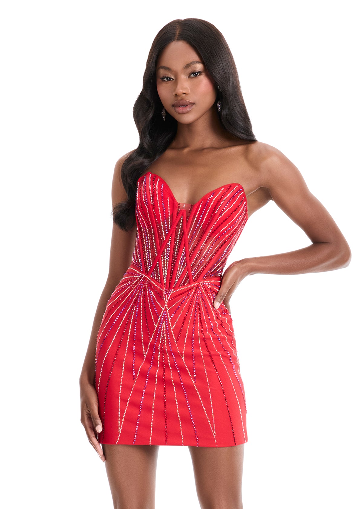 The Ashley Lauren 4859 is a refined short cocktail dress featuring a sheer corset bodice that beautifully sculpts the silhouette. Embellished with crystal details and designed strapless, it offers an elegant yet modern aesthetic perfect for homecoming or formal events. This gown combines delicate sheer fabric with structured support, ensuring both comfort and a flattering fit for confident wear throughout your special occasion. Dazzle in the ASHLEYlauren 4859 mini dress, a strapless showpiece with a sweethe