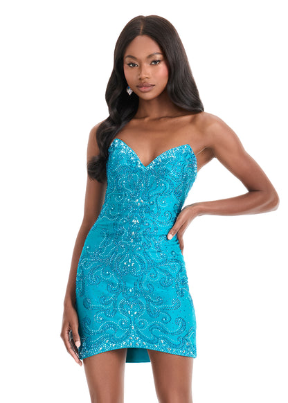 Ashley Lauren 4862 Short Fitted Cocktail Dress Homecoming Crystal Sweetheart Formal Gown
