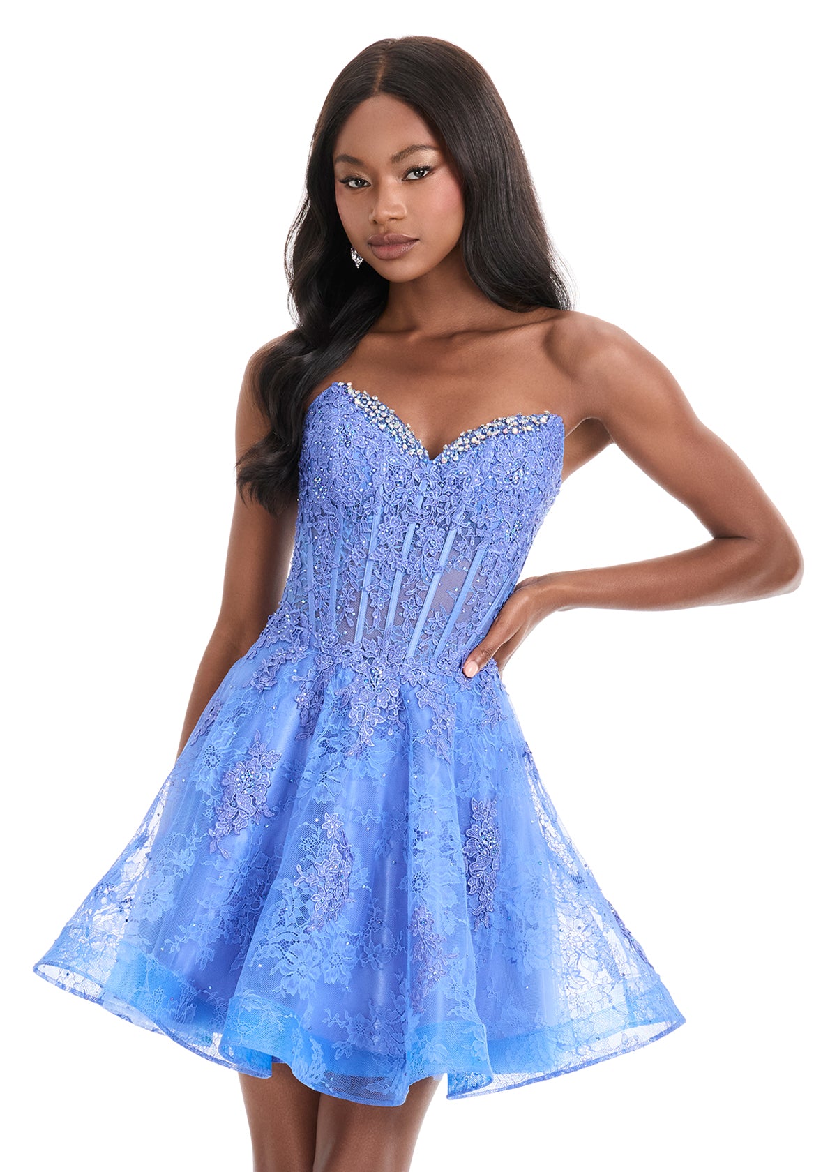 Ashley Lauren 4882 short lace cocktail Dress Sheer Corset Fit & Flare Formal Gown V neck 00 / Blue
