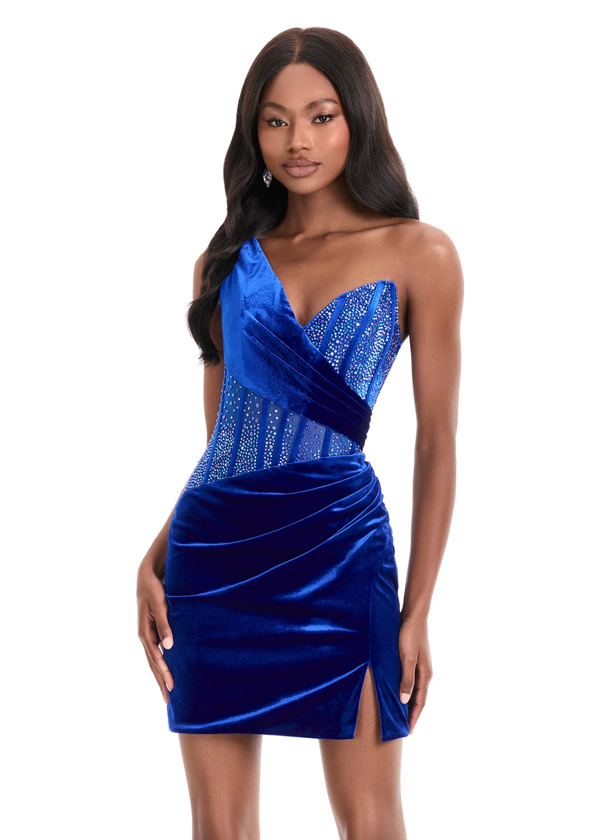 Ashley Lauren 4886 Short Cocktail Dress Velvet Sheer Corset Crystal One Shoulder Homecoming Gown 14 / Royal