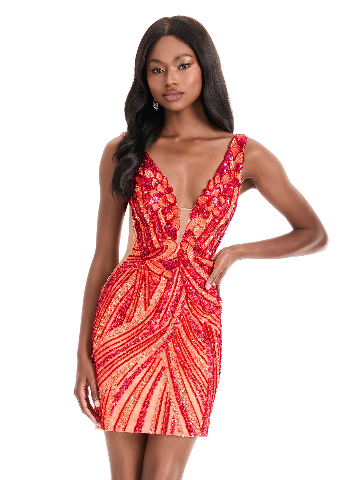 Ashley Lauren 4893 Short Fitted Sequin Homecoming Dress Sheer Beaded Cocktail Dress V Neck