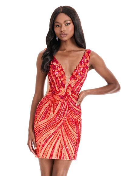 Ashley Lauren 4893 Short Fitted Sequin Homecoming Dress Sheer Beaded Cocktail Dress V Neck