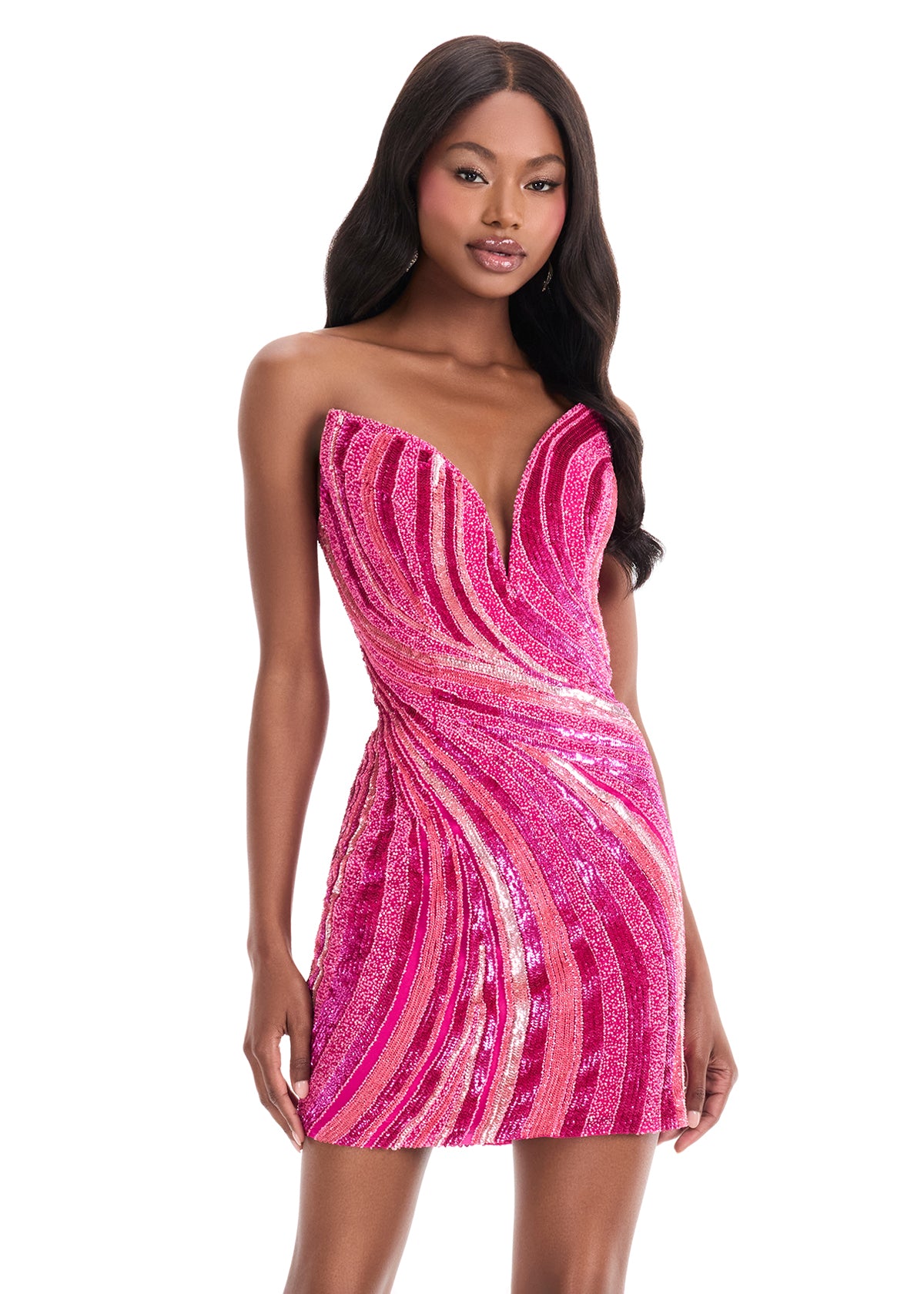 Ashley Lauren 4932 Fitted Beaded Sequin Dress Cocktail Gown V Neck Formal Homecoming