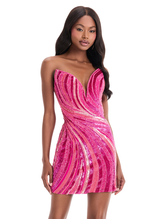 Ashley Lauren 4932 Fitted Beaded Sequin Dress Cocktail Gown V Neck Formal Homecoming