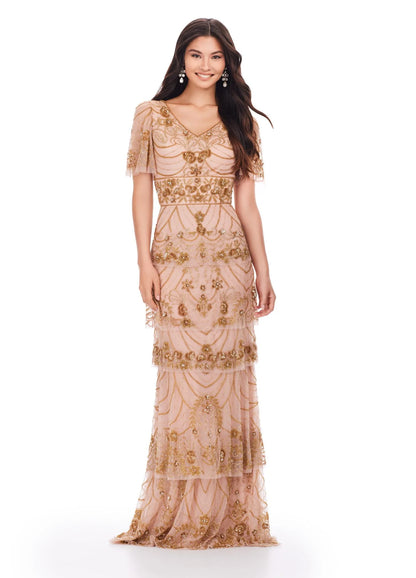 Ashley Lauren 11235 Beaded Evening Gown Long Dress Tiered Sequin Butterfly Sleeve