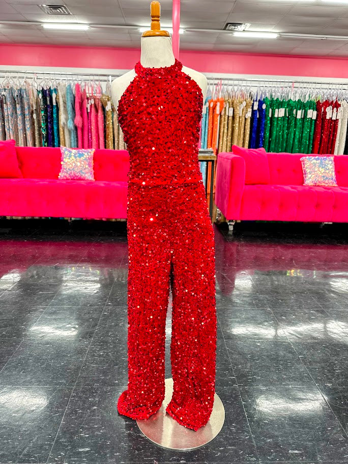 Marc Defang 5022 Long Girls Sequin Pageant Jumpsuit Fun Fashion High Neck

Very sparkle Iridescent colors&nbsp;
Fully beaded
Halter Neck
Back Straps&nbsp;
Side Pockets
Knitted inner comfort lining

Available Size: 4, 8

Available Color: Red