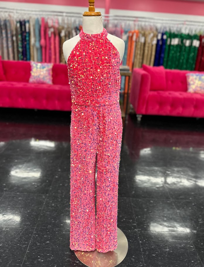 Marc Defang 5022 Size 6 Hot Pink Girls Velvet Sequin Pageant Jumpsuit Fun Fashion High Neck
