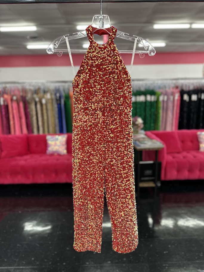 Marc Defang 5022 Size 4, 8 Red Girls Sequin Pageant Jumpsuit Fun Fashion High Neck