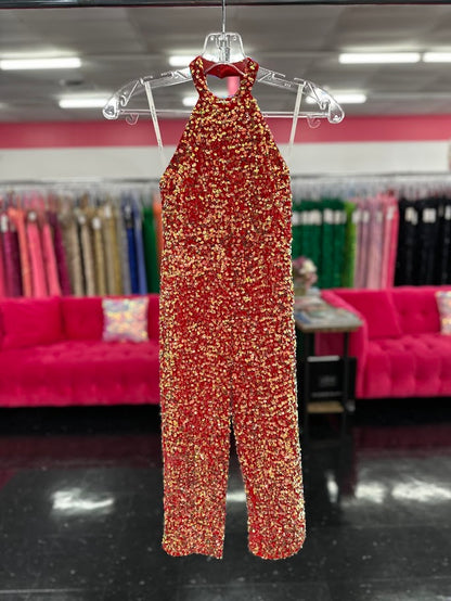 Marc Defang 5022 Size 4, 8 Red Girls Sequin Pageant Jumpsuit Fun Fashion High Neck