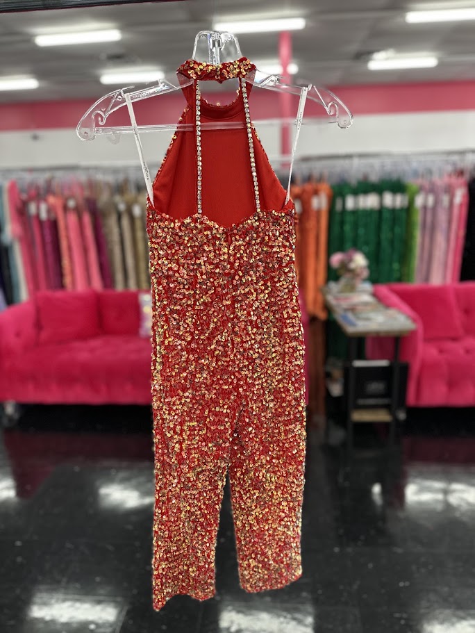 Marc Defang 5022 Size 4, 8 Red Girls Sequin Pageant Jumpsuit Fun Fashion High Neck