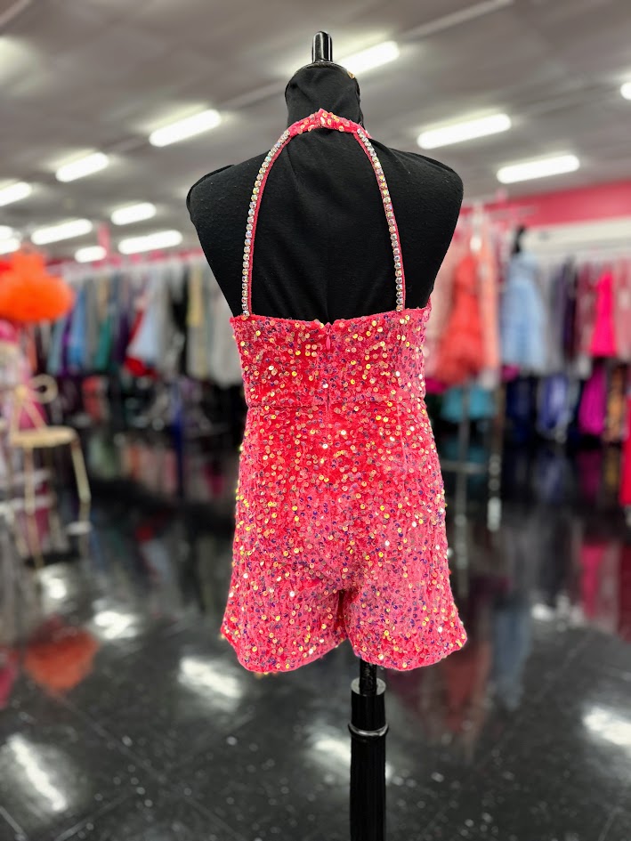 Marc Defang 5033 Size 6, 12 Hot Pink Short Girls Velvet sequin Pageant Romper fun fashion Formal Wear Pockets