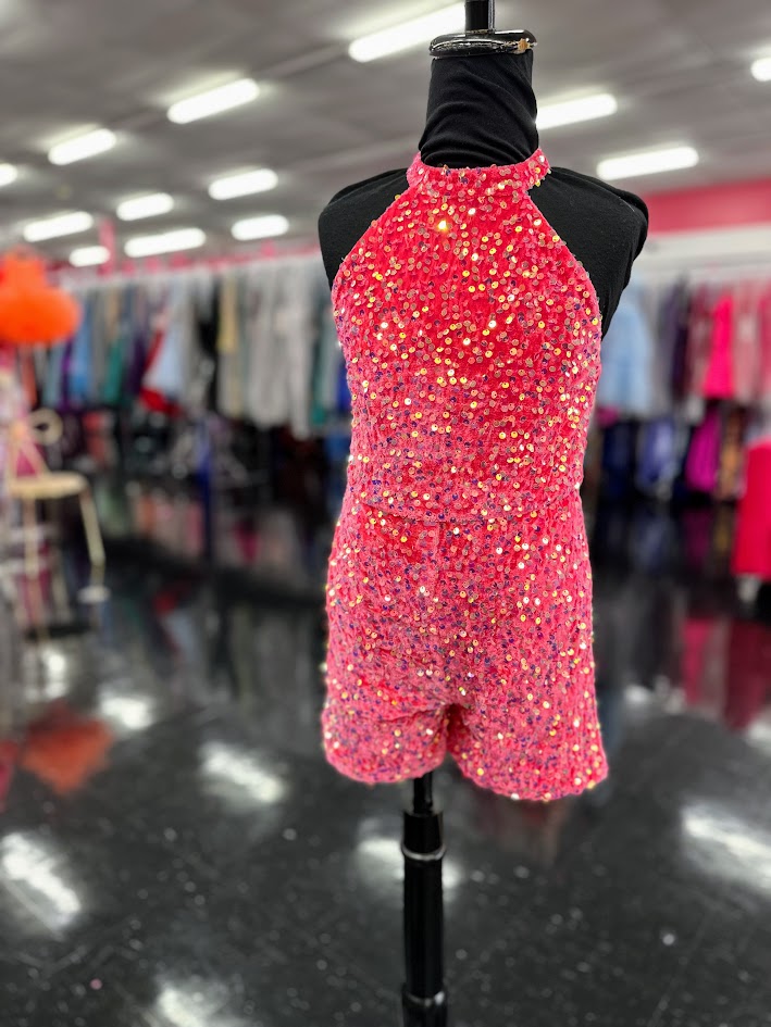 Marc Defang 5033 Size 6, 12 Hot Pink Short Girls Velvet sequin Pageant Romper fun fashion Formal Wear Pockets