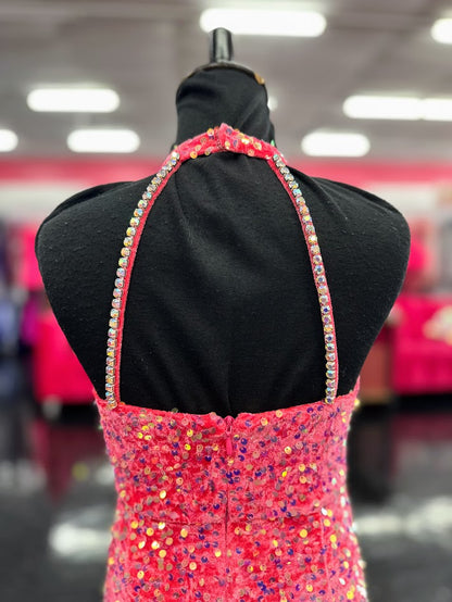 Marc Defang 5033 Short Girls sequin Pageant Romper high neck fun fashion Velvet Sequin High Neck Crystal Embellished Romper Pageant Fun Fashion

Sparkle Iridescent colors&nbsp;
Fully beaded
Halter Neck
Back Straps&nbsp;
Side Pockets
Knitted inner comfort lining

Available Sizes: 6, 12

Available Colors:&nbsp;Hot Pink

In Stock &amp; Ready to Ship! *Romper Only! Overskirt sold seperate!