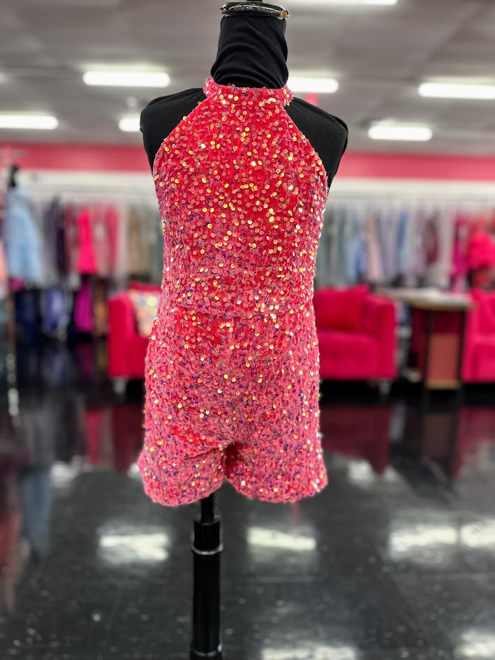 Marc Defang 5033 Short Girls sequin Pageant Romper high neck fun fashion Velvet Sequin High Neck Crystal Embellished Romper Pageant Fun Fashion

Sparkle Iridescent colors&nbsp;
Fully beaded
Halter Neck
Back Straps&nbsp;
Side Pockets
Knitted inner comfort lining

Available Sizes: 6, 12

Available Colors:&nbsp;Hot Pink

In Stock &amp; Ready to Ship! *Romper Only! Overskirt sold seperate!