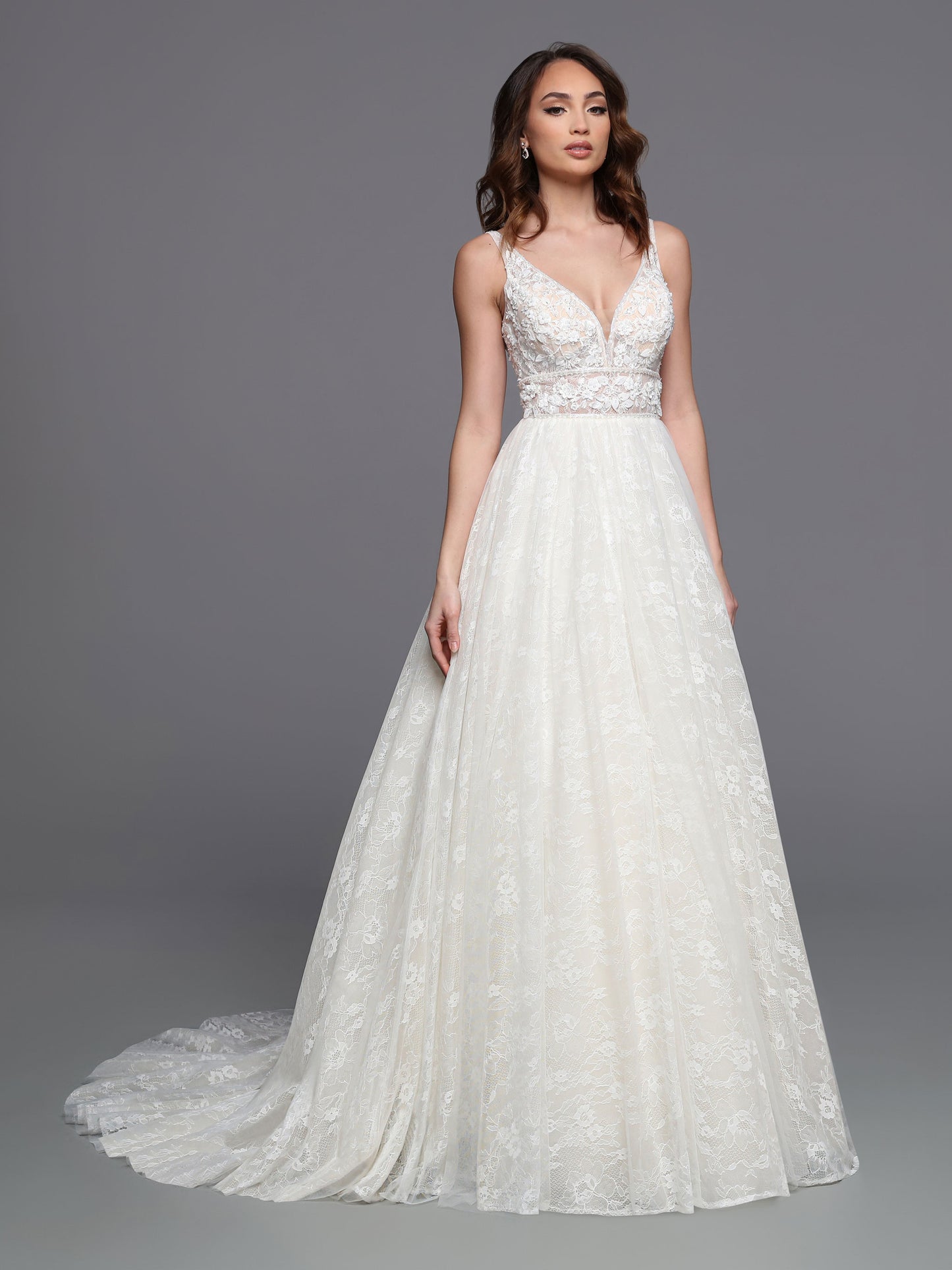 Davinci Bridal 50726 A-Line Ballgown Lace Applique Open Back Train Sequins Wedding Gown. Layers of gathered tulle in the skirt contrast with the beaded lace bodice of this A-line dress with its open back and wide empire-style waistband.