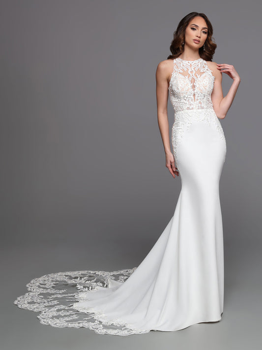 DaVinci Bridal 50734 A-Line Halter High Neck Lace Appliques Sequin Train Wedding Gown. Sheer lace extends from the bodice to accent the sleek crepe skirt of this fit & flare sheath. The finishing touch is the sheer scalloped lace chapel train that extends from the skirt’s sweep train hem.