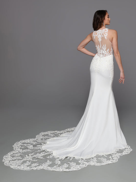 DaVinci Bridal 50734 A-Line Halter High Neck Lace Appliques Sequin Train Wedding Gown. Sheer lace extends from the bodice to accent the sleek crepe skirt of this fit & flare sheath. The finishing touch is the sheer scalloped lace chapel train that extends from the skirt’s sweep train hem.