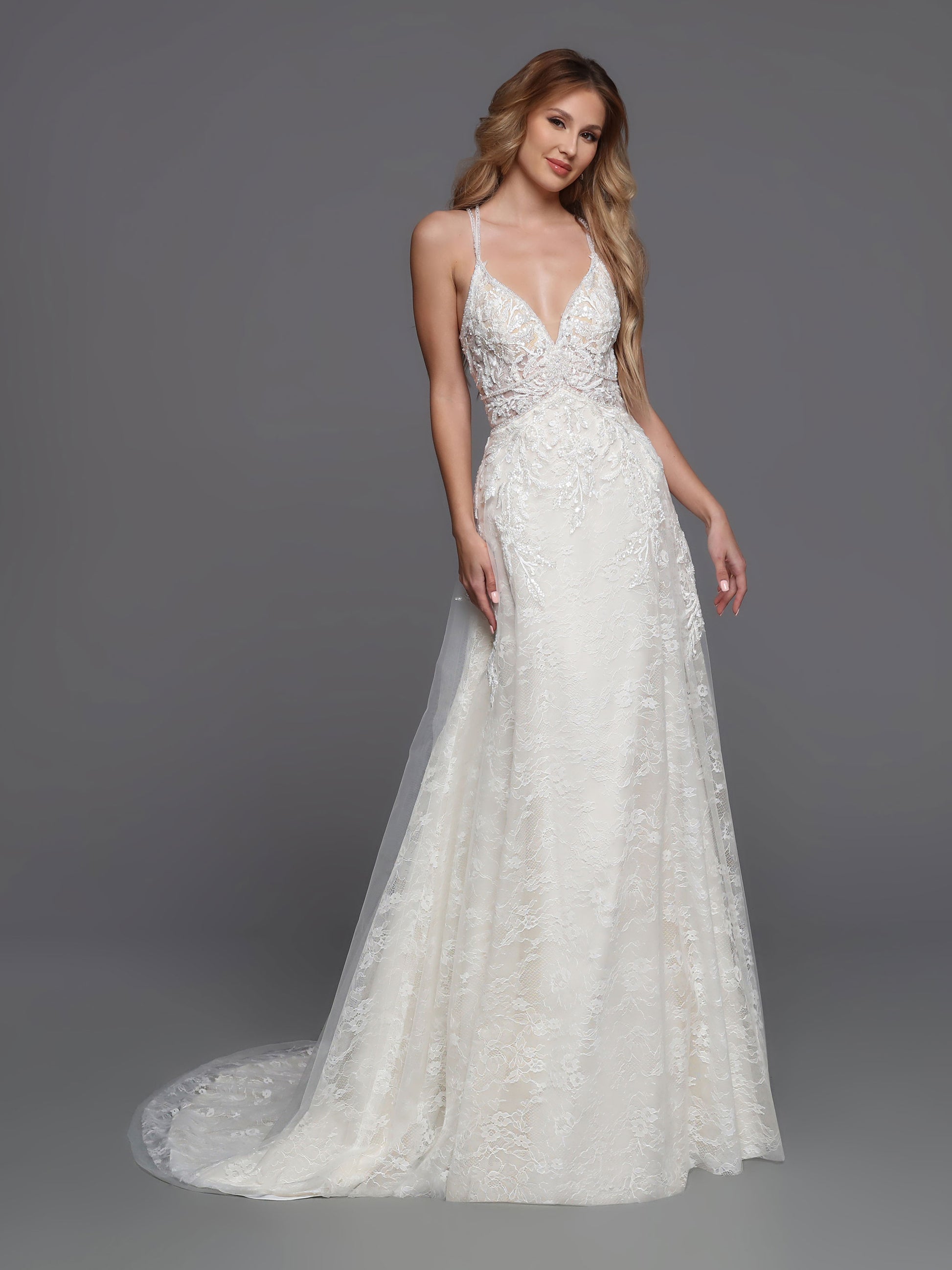 DaVinci Bridal 50736 A-Line V-Neck Keyhole Back Lace Appliques Tulle Train Wedding Gown. Be a vision in this romantic tulle and lace slip dress with its beaded lace bodice, shaped waistband, and open keyhole back.