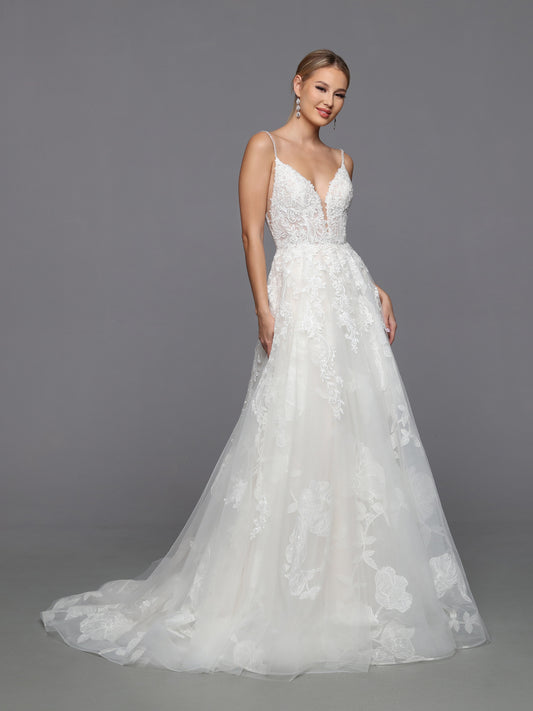 DaVinci Bridal 50768 A-Line Ballgown Floral Lace Deep V-Neck Open Back Spaghetti Straps Wedding Gown. A deep V-back, oversize floral lace, and delicate beaded lace applique add textured interest to this pretty ball gown with its slip dress bodice, sparkling shoulder straps, and wavy hemline. This dress is available with an optional matching veil.