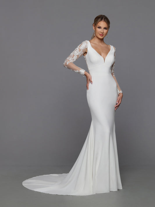 DaVinci Bridal 50776 Fit And Flare V-Neck Sheer Lace Applique Back Bodice Sleeves Train Wedding Gown. Sleek and sophisticated, this crepe fit and flare gown features removable full-length lace sleeves, a sheer lace applique back bodice, and a column of lustrous crepe finished with a chapel train.