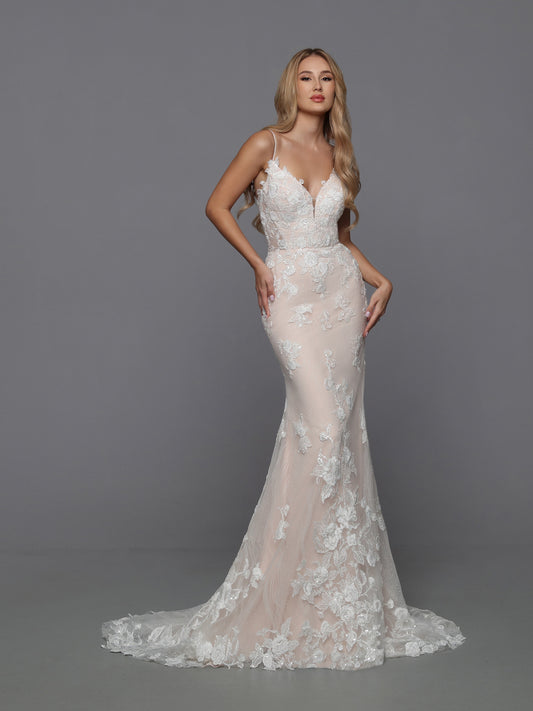 DaVinci Bridal 50777 Fit And Flare V-neck Lace Open Back Spaghetti Straps Floral Train Wedding Dress. Classic lines and charming features like covered buttons and sparkly sequin lace applique make this charming slip dress perfect for every venue, from a dressy destination wedding to a formal evening affair.\