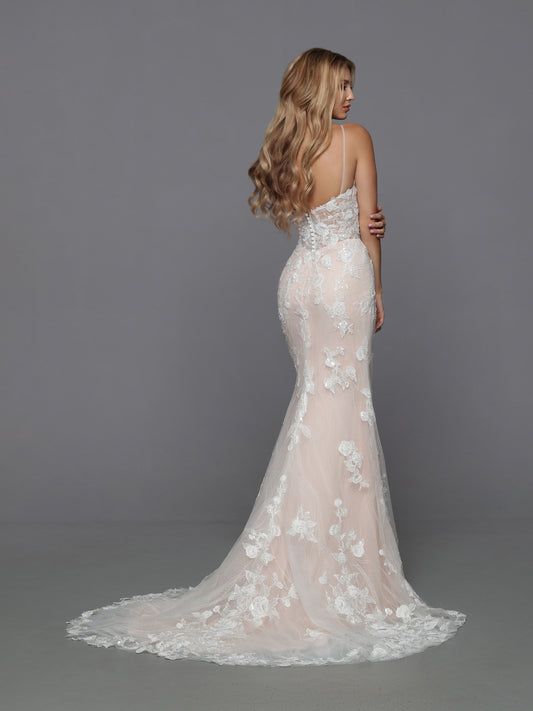 DaVinci Bridal 50777 Fit And Flare V-neck Lace Open Back Spaghetti Straps Floral Train Wedding Dress. Classic lines and charming features like covered buttons and sparkly sequin lace applique make this charming slip dress perfect for every venue, from a dressy destination wedding to a formal evening affair.